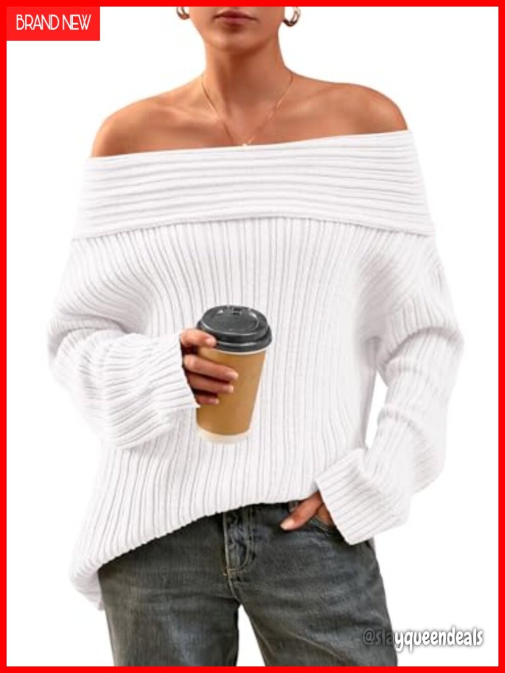 Off Shoulder Oversized Ribbed Knit Pullover Sweater Long Sleeve Fall Winter Top